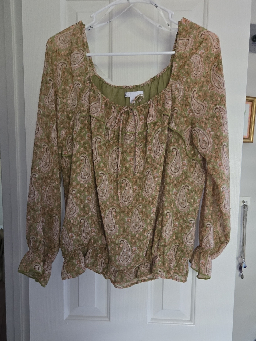 DR2 Olive and Pink Paisley Peasant Blouse- Med